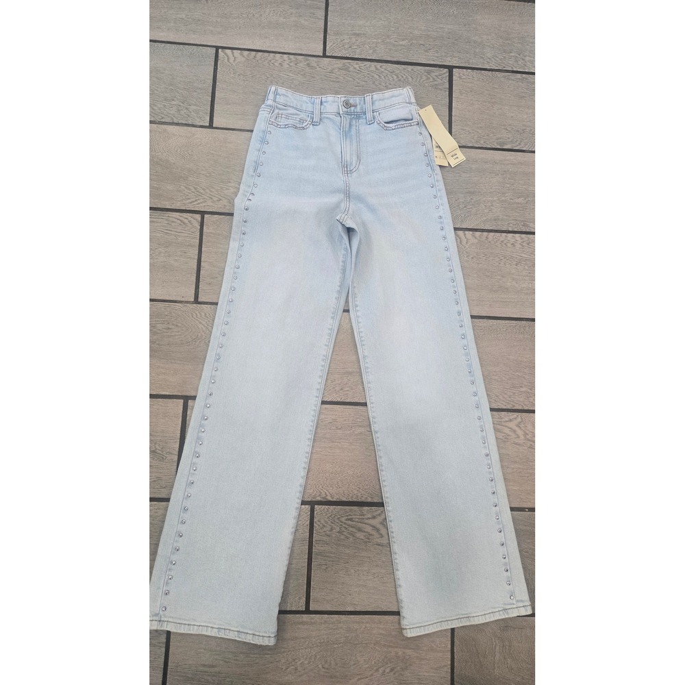 No Boundaries Womens XXS Light Wash Rhinestone‎ Studded Wide Leg Jeans NWT